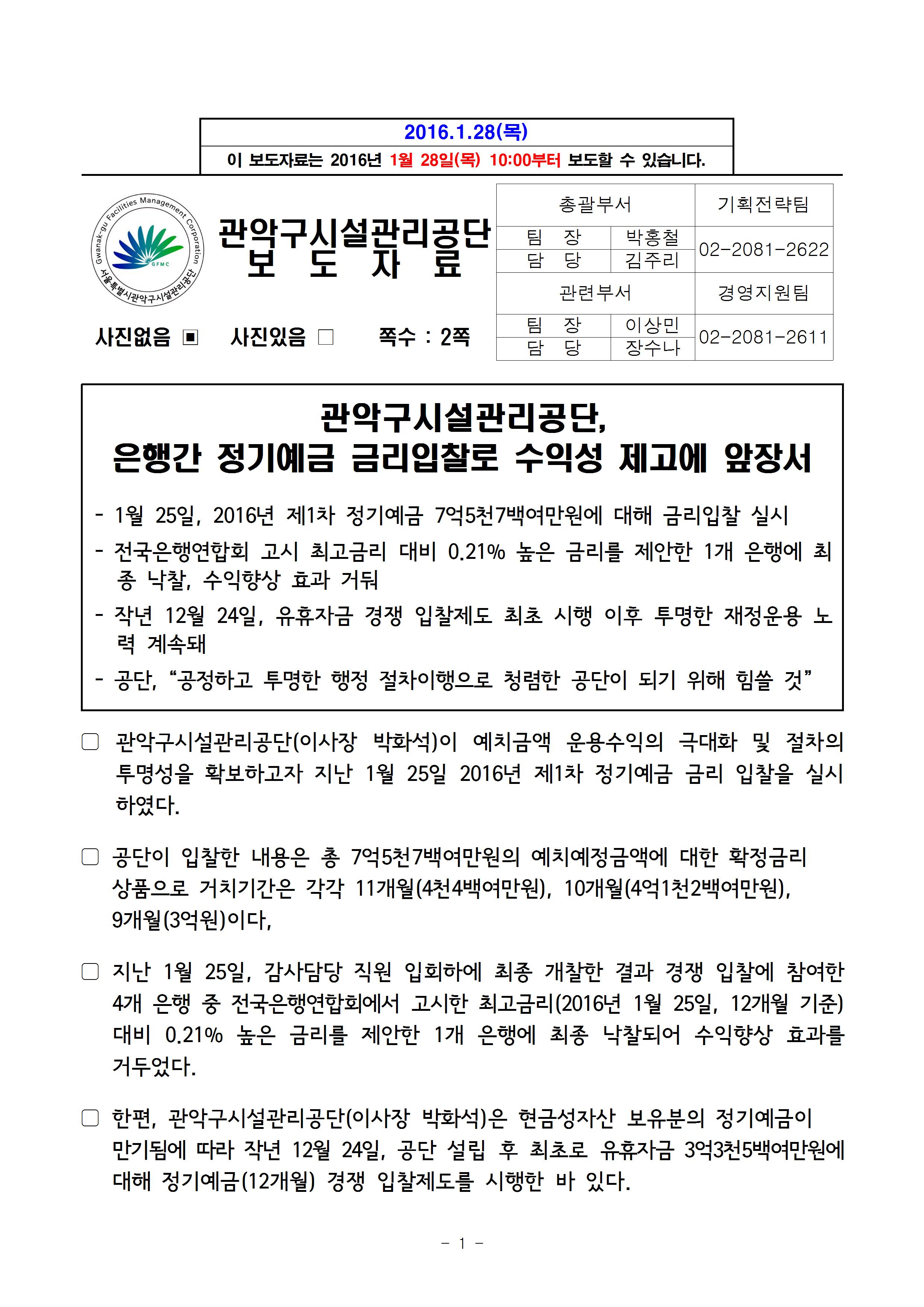 1. 보도자료[관악구시설관리공단, 은행간 정기예금 금리입찰로 수익성 제고에 앞장서]001.jpg