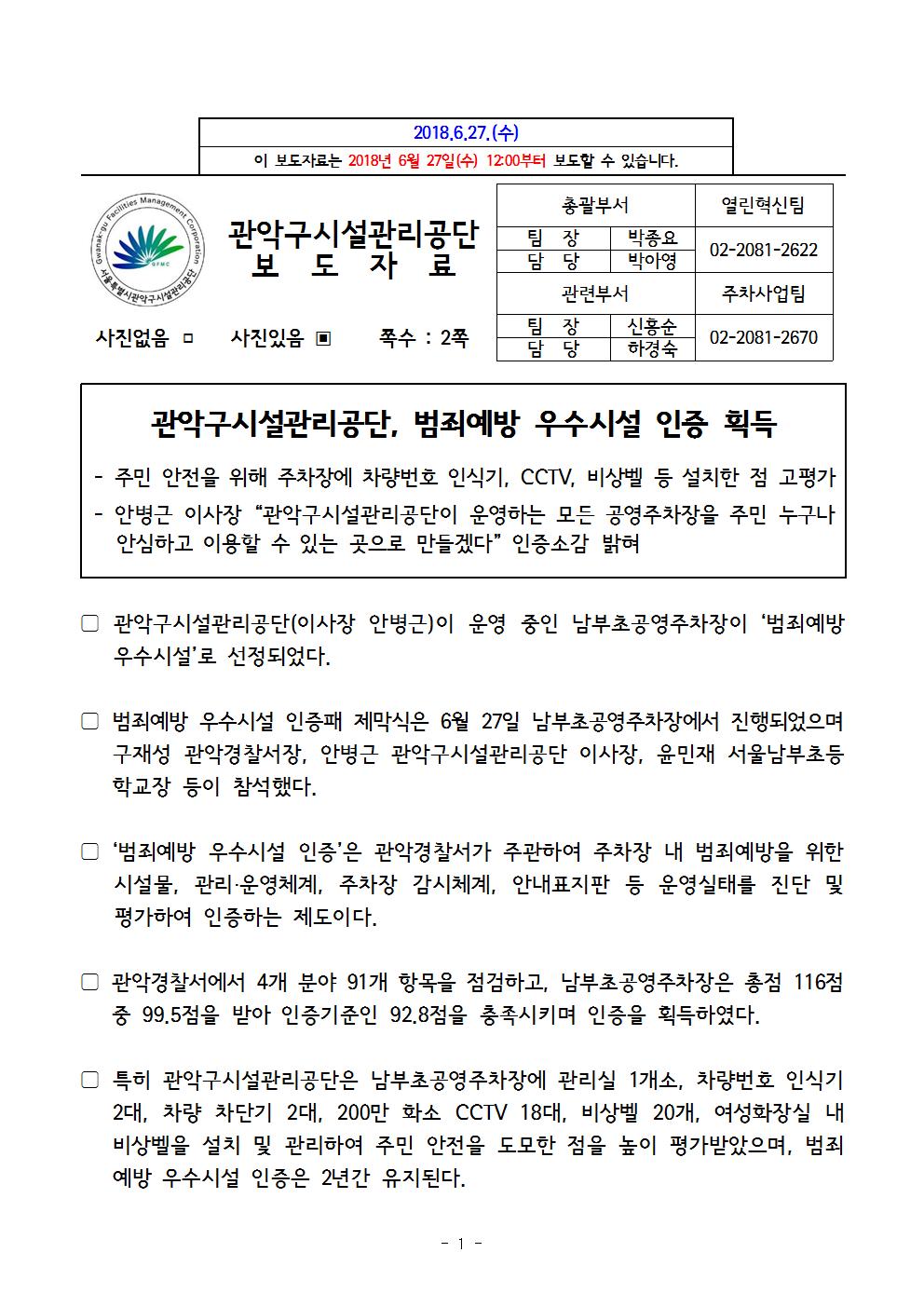 15. 보도자료[관악구시설관리공단 범죄예방 우수시설 인증 획득]001.jpg